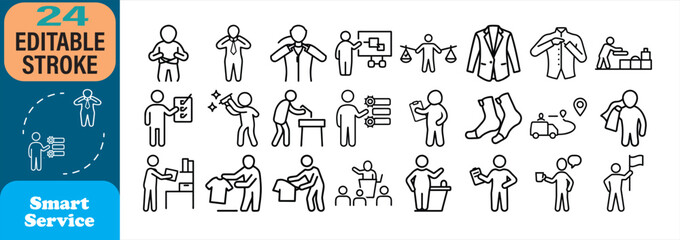 Line art icons depicting various aspects of retail service, fashion, and styling