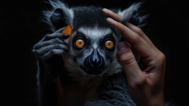Portrait of a lemur being stroked by a hand on a black background. Exotic pet care.