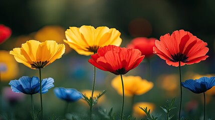 Obraz premium Vibrant display of colorful flowers in a serene garden setting, showcasing yellow, red, and blue blossoms under soft natural light.