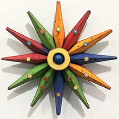 Fototapeta premium Colorful decorative metal star ornament against a white wall creating unique visual appeal photo
