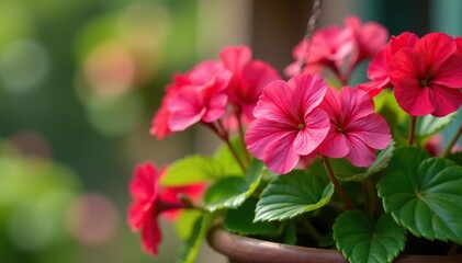 Obraz premium Close-up, colorful geraniums in a hanging basket, blossom, closeup, bloom