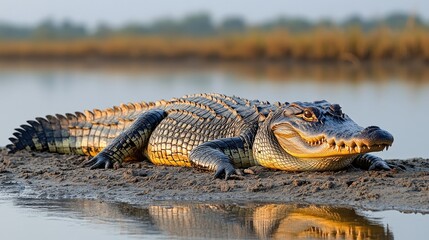 Obraz premium Close-up view of an alligator basking in the sun on a riverbank surrounded by a serene natural environment