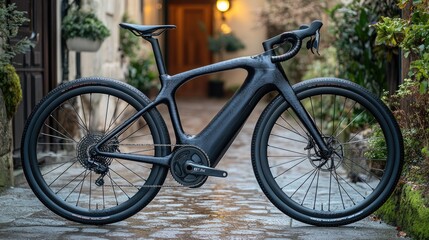 Fototapeta premium Sleek modern electric bike parked in urban setting, showcasing advanced design and technology on a cobblestone path