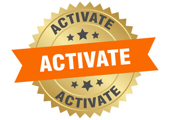 activate. activate round orange and gold label isolated on transparent background