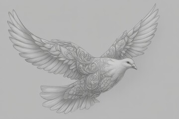 Detailed illustration of a stylized dove in flight.