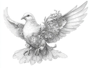 Graceful dove in flight, adorned with intricate designs.