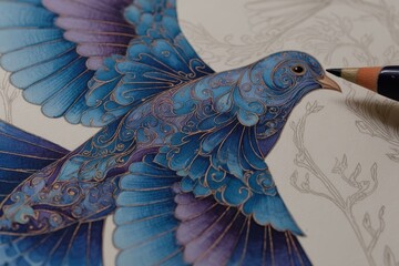 Detailed drawing of a soaring bird in vibrant hues.