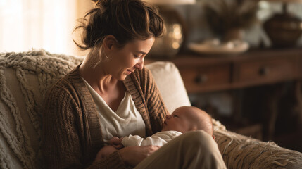 woman cradling her newborn baby while sitting in a cozy living room