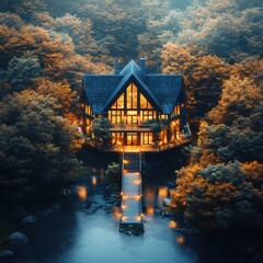 Fototapeta premium Enchanted evening gathering at a rustic cabin by the river tranquil nature setting warm atmosphere