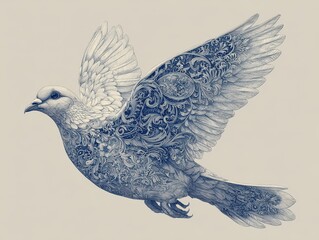A detailed illustration of a soaring dove with intricate decorative patterns.
