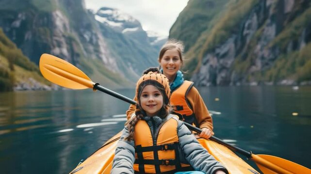 Mom and daughter are sailing on a boat on the sea bay with the fjords in the background. Summer children's camp with canoe trips on a mountain lake.