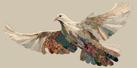 A multicolored dove in flight, created with textile pieces.