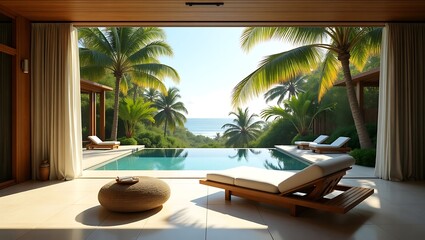 Obraz na płótnie Canvas Luxurious tropical resort scene with infinity pool overlooking ocean view