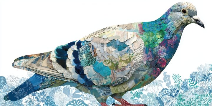 Colorful collage of a pigeon in flight.