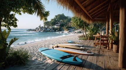 Tropical beach scene with surfboards