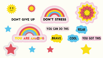 Positive Affirmation Stickers Collection for Kids and Teens. A set of colorful, motivational stickers featuring inspirational messages like "Don't Give Up," "You Are Amazing," and "You Can Do This."
