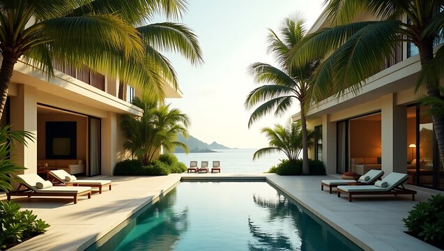 Luxurious tropical villa with swimming pool and ocean view in a serene paradise.