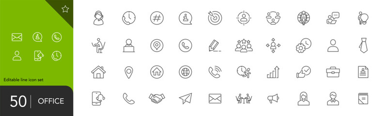 Office icons. Office. Work. A set of editable icons. 50 pieces. Linear style. Vector image.