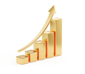 Golden Growing bar graphs and arrow - Financial analysis, business finance concept