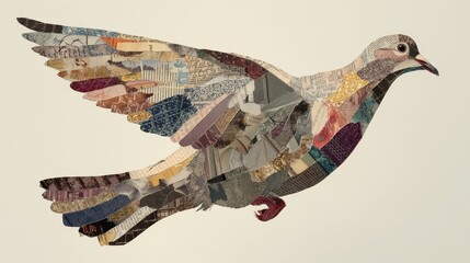 A collage dove in flight with intricate patterned wings.
