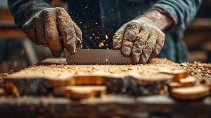 Woodworker crafting saw dust flying
