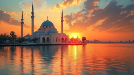 Naklejka premium Majestic Mosque at Sunset: A Breathtaking View