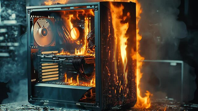 Computer components engulfed in flames during a dramatic hardware failure and system meltdown at a tech lab