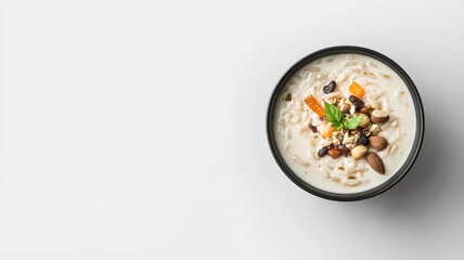 Healthy Breakfast Bowl with Nuts and Dried Fruit on White Background breakfast healthy bowl nuts car