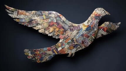 Recycled paper sculpture of a soaring dove.