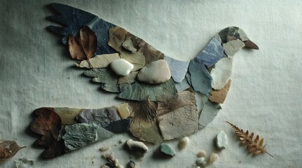A handcrafted stone mosaic dove in flight.