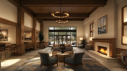 Luxurious hotel lobby with fireplace, seating area, and large windows.