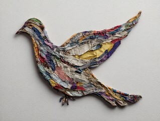 Colorful, textured dove sculpted from collaged papers.