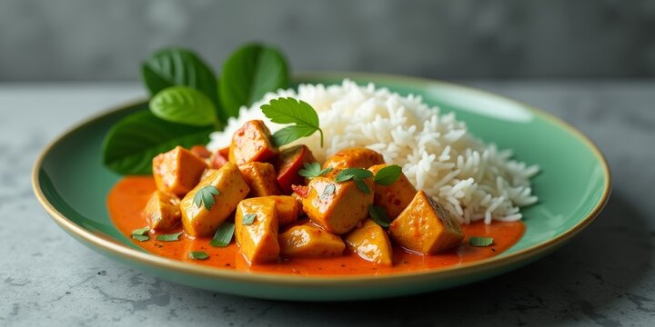 Spicy red curry with tofu served over white rice on a green plate