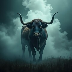 Naklejka premium Bull with long horns on grassy field