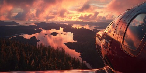 Private aircraft flying above island coastline during vibrant sunset