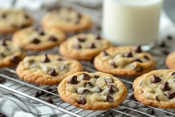 Plate of chocolate chip cookies with milk