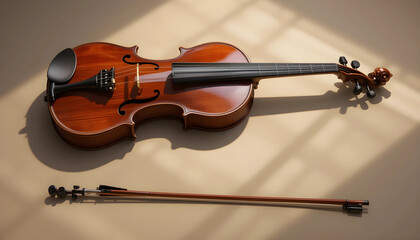 Fototapeta premium A classical wooden violin and bow placed in warm sunlight, casting soft shadows. Ideal for classical, acoustic, or romantic music scenes