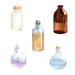 Glass bottles with various liquids and stoppers. Watercolor illustration. A set of insulated glass containers on white background. Theme of perfumes, oils, aromatherapy, magic, as well as experiences