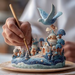 Detailed winter scene miniature sculpture creation.