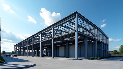 Modern industrial warehouse building architectural exterior rendered against a bright blue sky