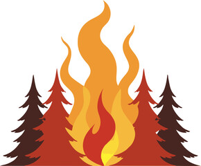 Flat Minimalist Vector of Forest Wildfire with Tall Trees and Rising Flames – Climate Crisis and Natural Disaster Concept