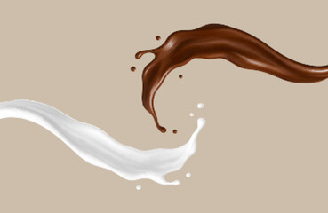 Realistic chocolate and milk splash waves isolated on beige background. Vector illustration
