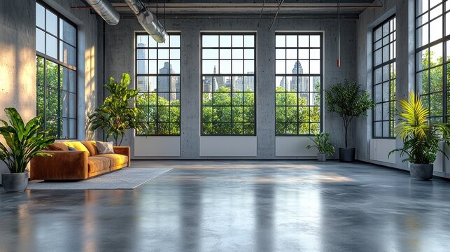 Loft space with large windows, city views, and plants