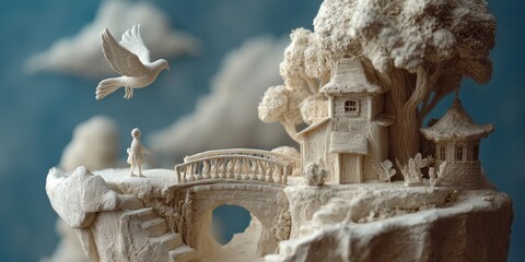 Delicate, sculpted miniature fantasy village scene.