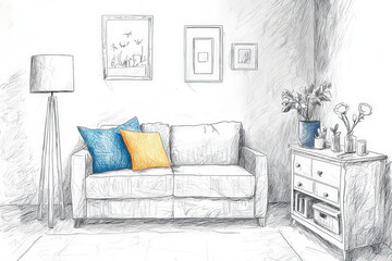 Living sketch: A lively representation of a living space, emphasizing furniture arrangement and decor