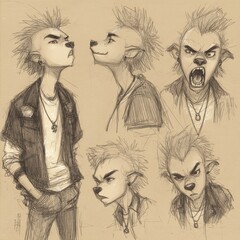 Multiple character sketch studies on beige paper.