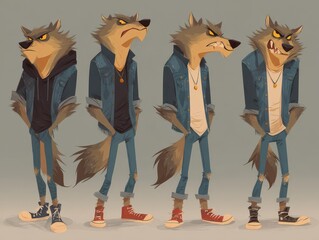 Fourteen stylized wolf character designs in various poses.