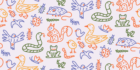 Seamless pattern with hand-drawn animals in colorful childlike style. Birds and squirrels explore a playful world filled with bugs, frogs, snakes and tiny forest life. Vector illustration. © roze ultra