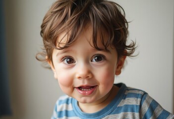 Naklejka premium Happy Child with Brown Hair and Striped Shirt