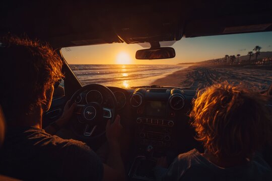 Driving along the beach at sunset with a child.